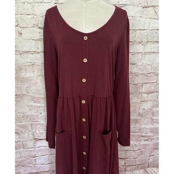 OUGES Womens Shift Dress V Neck Button Front Burgundy Pockets Size XXL NEW - Picture 2 of 9